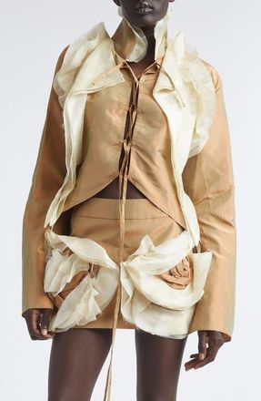 Kim Shui Larsen Crop Silk Lace-Up Top in Light Brown at Nordstrom, Size Medium