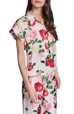 Karl Lagerfeld Placed Floral Satin Button-Up Shirt in Cornelia Rose/Sft Wht Multi at Nordstrom, Size X-Small