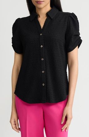 Kasper Pleat Sleeve Ridge Knit Button-Up Shirt in Black at Nordstrom, Size X-Large