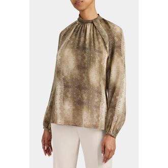 Santorelli Dakota Mock Neck Printed Blouse with Long Lantern Sleeves in Sahara at Nordstrom, Size 8