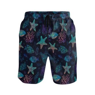 Alaza Beach Shorts for Men, Fluorescent Starfish Mens Swim Trunks Hawaiian Board Shorts Quick Dry with Pockets for Summer Vacation Surfing Beachwear Gym Out