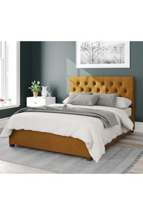 Aspire Home Accents Olivier Upholstered Ottoman Storage Bed, Plush Velvet Fabric in Mustard | Size: Small Double