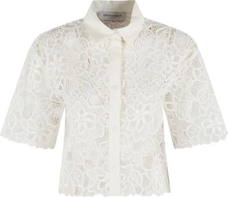 Ermanno Scervino Witte Cropped Top met All-Over Borduurwerk - Dames - Overhemden - Wit - 2XS - Linnen - Overhemden