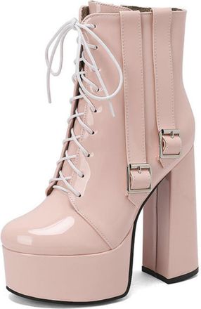 Generic Womens Lace Up Platform Ankle Boots Platform Chunky Heel Trendy Booties with Side Buckles,Pink,7.5 UK