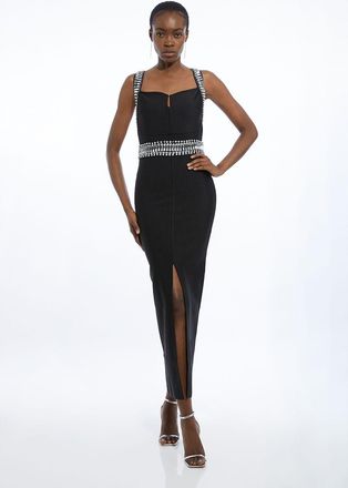 Karen Millen Womens Bandage Figure Form Knit Embellished Maxi Dress - Black - Size X-Small
