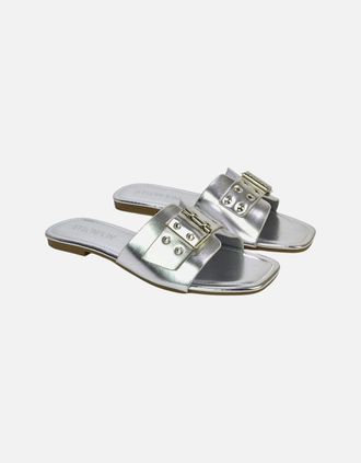 XY London Womens XY London Womens/Ladies Inez Buckle Metallic Square Toe Strappy Flat Sandals - Silver - Size: 3