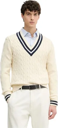Hackett Cricket V-hals Trui met Kabelsteek - Heren - Truien - Beige - Maat: L Katoen