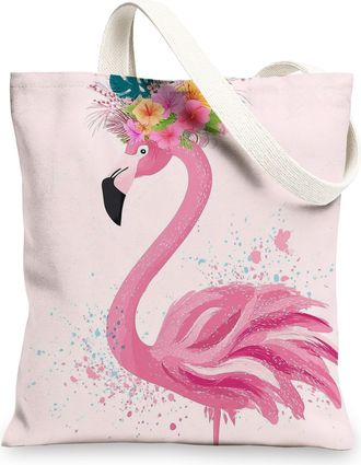 Generic Tropical Bird Canvas Tote Bag, Floral Reusable Grocery Bags, Lightweight Peach Shoulder Strap Bags, Peach, 13x15 Inch