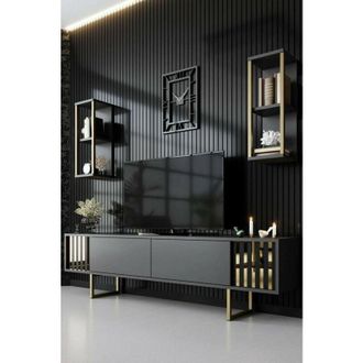 Dmora Mobile porta tv Eunomia, Credenza da soggiorno, Armadio basso per tv, Base parete attrezzata, 180x30h48 cm, Noce e Nero, con imballo rinforzato, con