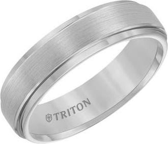 Triton 9MM Tungsten Carbide Ring with Brushed Finish and Step Edge in Metallic Silver at Nordstrom, Size 10.5