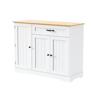 STILVORA Aparador Con 3 Puertas Y 1 Caj&oacute;n, Estantes Ajustables, En Mdf, Blanco Y Natural, Sal&oacute;n Recibidor Comedor