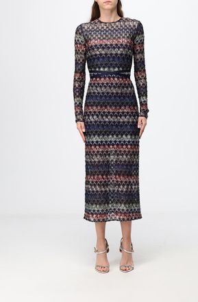 Missoni Geometric Pattern Lurex Midi Sheath Dress with Long Sleeves