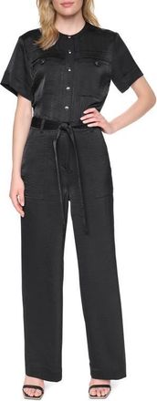 DKNY Tie Waist Satin Utility Jumpsuit in Black at Nordstrom, Size 16