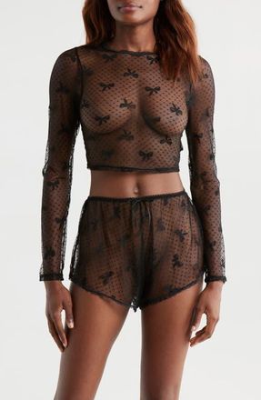 Kilo Brava Bow Dotted Mesh Crop Top in Black at Nordstrom, Size Large