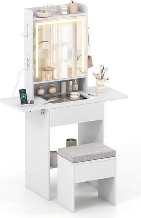 Costway Vanity Desk with Lighted Mirror 3 Color Modes Foldable Panels Power Outlets White