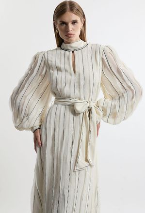 Karen Millen Lydia Millen Chiffon Top Stitch Detail Ruffle Belted Woven Midaxi Dress