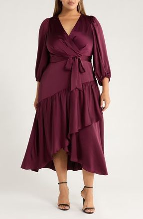 Anne Klein Tie Waist Long Sleeve Satin High/Low Maxi Dress in Dark Chianti at Nordstrom, Size 14W