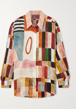 Alemais + Lrnce Camicia In Misto Lino E Seta Stampato Majorelle - Marrone