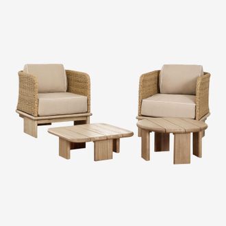 Sklum Sklum - Conjunto De Jard&iacute;n Con 2 Sillones Y 2 Mesas De Centro En Rat&aacute;n Y Madera De Acacia Famara