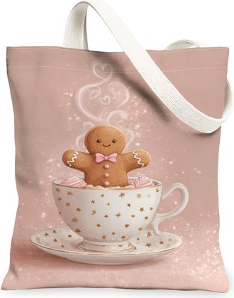 Generic Gingerbread Canvas Tote Bags, Holiday Sweet Treats Design Reusable Bags, Vintage Lightweight Washable Shoulder Strap Canvas, Peach, 13x15 Inch
