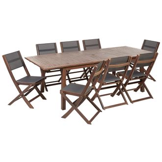 Beliani Conjunto De Comedor 8 Plazas De Madera De Acacia Oscura Gris Tela Pvc Mesa Extensible Sillas Plegables Cesana