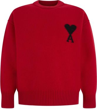 Ami Crewneck Wol Trui met Ami de Coeur - Dames - Ronde hals truien - Rood - XS - Wol - Truien & Vesten