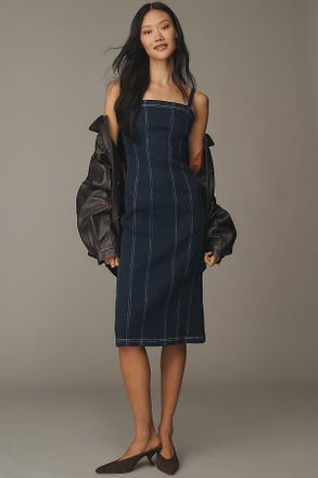 Pilcro Square-Neck Seamed Denim Midi Dress
