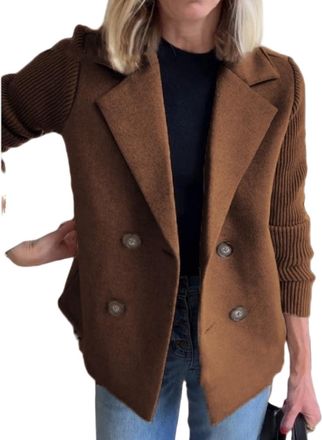 Generic Womens Lapel Button Knitted Patchwork Sleeve Casual Coat, Patchwork Double Breasted Blazer Sweater (Coffee,L)