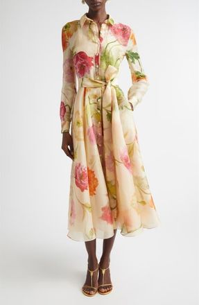 Carolina Herrera Poppy Print Belted Long Sleeve Silk Organza Shirtdress in Almond Multi at Nordstrom, Size 12