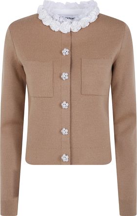 Self Portrait Sweater With Lace Detail Brown Embellished Knit Cardiga