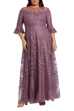 Mac Duggal High Neck Flutter Sleeve Embroidered A Line Gown in Vintage Lilac at Nordstrom, Size 22W