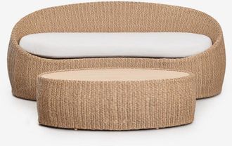 Sklum Conjunto De Jard&iacute;n Con Sof&aacute; De 3 Plazas Y Mesa De Centro En Madera De Acacia Y Rat&aacute;n Clarnyx Sklum