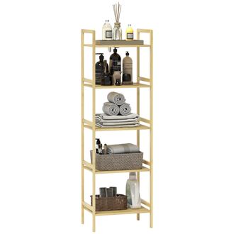 HOMCOM 5-Tier Bamboo Bathroom Storage Shelf with Adjustable Rack - Natural wood finish | TJ Hughes