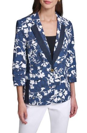 Karl Lagerfeld Floral Print Blazer in Midnight Navy/Soft White at Nordstrom, Size 10