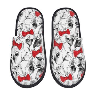 Generic Fluffy Slippers Cute French Bulldog Bow Tie Cool Warm Cotton Slippers Cozy Indoor Shoes For Spa Ladies Room M