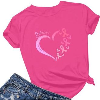 T-shirt Octobre Rose Femme - Manches Courtes, Col Rond, Motif Ruban Cœur - Soutien Cancer Du Sein, Couleur Unie, Tailles S-XXL