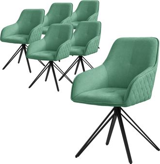 ML Design Ml-design Set 6x Silla De Comedor Giratoria Con Respaldo Y Reposabrazos Asiento Verde De Tela Tejida Tapizado Con Patas De Metal Sill&oacute;n Dise&ntilde;o Ergon&oacute;m
