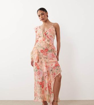 New Look Petite Vestito midi asimmetrico in chiffon rosa a fiori-Arancione