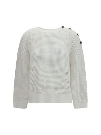 Brunello Cucinelli Womens Openwork Sweater With Shoulder Buttons White Cotton