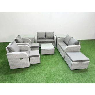 Fimous 9 Seater Outdoor Reclining Chair Love Sofa Set Rattan Garden Furniture Set with Square Coffee Table 3 Stools 2 Side Table Light Grey - Fimous