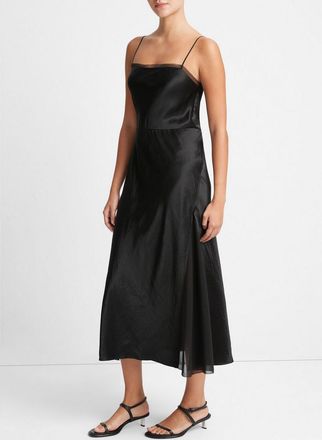 Vince Womens Sheer Panelled Midi Square Neckline Sleeveless Slip Dress Black