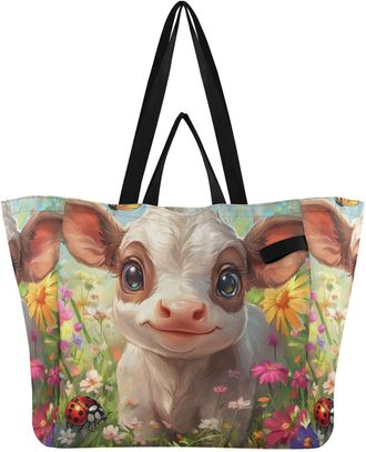 Generic White Cow Flowers pattern Reusable Canvas Tote Bag, Heavy Duty Grocery Shopping Bag with Hard Bottom Double Handles Large Capacity Work Groceries Trav