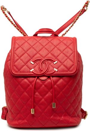 Chanel Red Color Grained Calfskin Backpack (Pre-Owned)