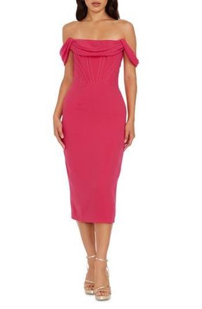 Dress The Population Vickie Off the Shoulder Midi Corset Dress in Begonia at Nordstrom Rack, Size Small