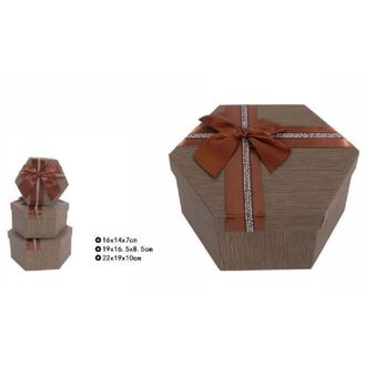 Trade Shop Trade Shop - Set 3 Pz Scatole Box Per Regali Varie Misure Esagonali Marrone Con Fiocco 69353