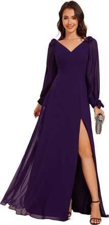 Ever-pretty Womens Long Sleeves V-Neck Off Shoulder A Line Thigh High Slit Chiffon Floor Length Prom Dresses Dark Purple 14UK