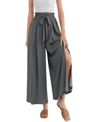Grace Karin Ladies Casual Split Flowy Palazzo Pants with Pockets Ankle Wide Leg Pants Dark Grey 2XL