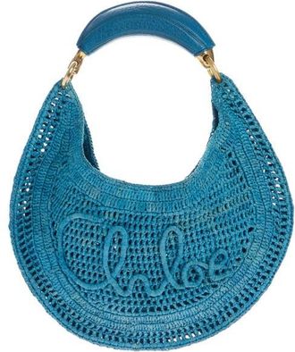 Chlo&eacute; Summer Banana Crochet Raffia Hobo Bag in Stormy Sea at Nordstrom