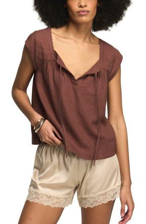 Lucky Brand Lace Trim Tie Neck Linen Blend Top in Marron at Nordstrom, Size Xx-Large