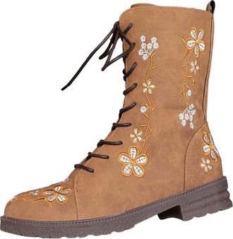 Generic Womens Ankle Boots Flower Embroidery Biker Boot Lace Up Riding Boots Faux Leather Combat Boot Ladies Retro Mid Calf Booties with Side Zipper Shoes Wes